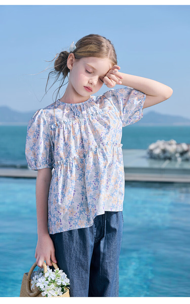 CHANZUIGOU Girls' Floral Doll Collar Shirt 2026 Summer New Pure Cotton Sweet Shirt 21